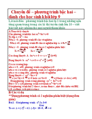 Chuyên đê Phương trinh bâc hai  Danh cho hoc sinh khôi Lơp 9